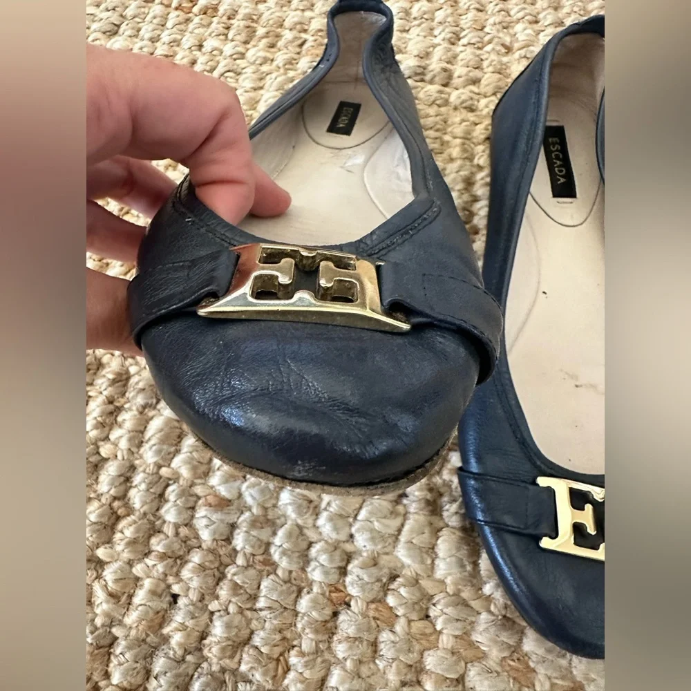 Escada Blue and Gold Flats with Elegant Gold Embellishment Size 39
